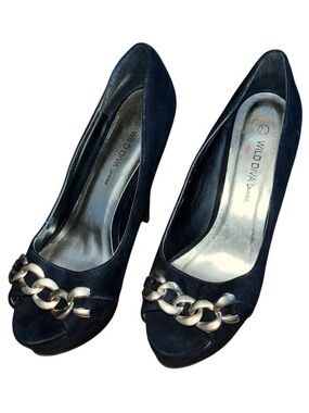 Wild Diva Black Peep Toe Pumps with Gold Chain Accent